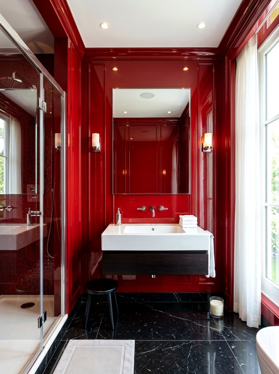 Red Lacquer Wall - 30 jewel box bath ideas