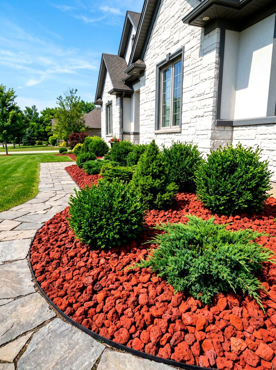 Red Lava Rock Landscape - 30 rock mulch front yard ideas