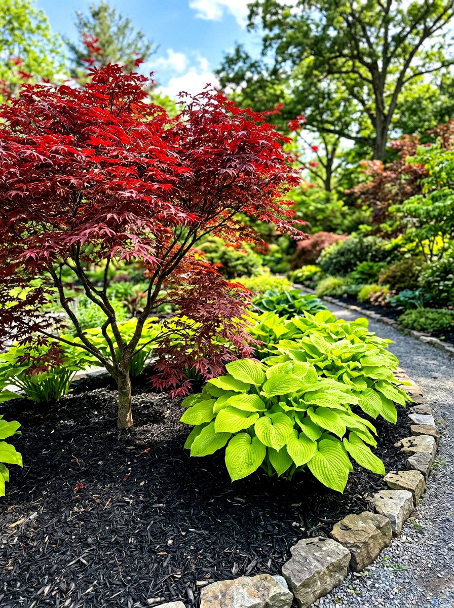 Red Leaf Contrast Garden - 30 Japanese maple garden ideas