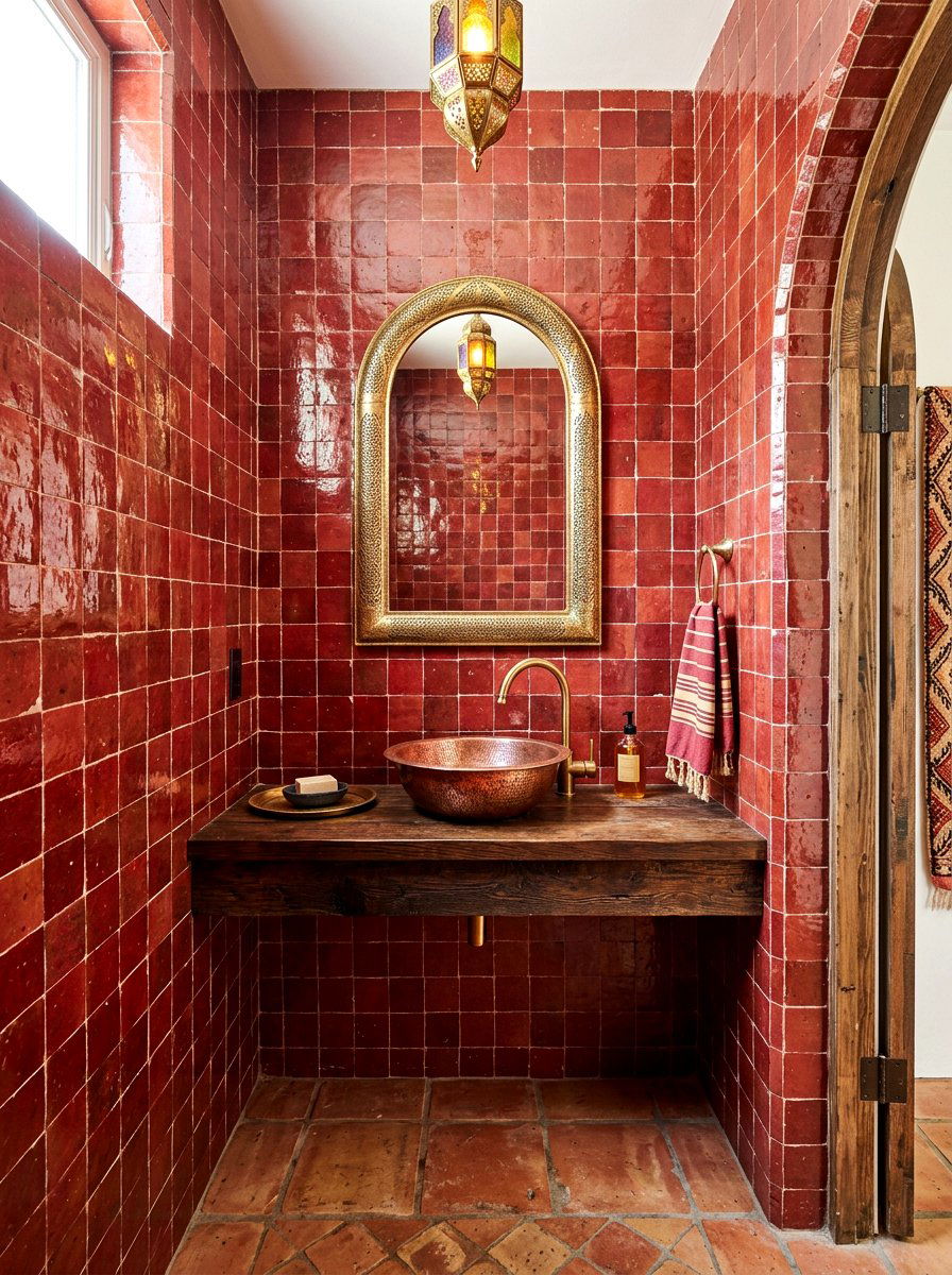 Red Moroccan Zellige Tile Powder Room - 30 cherry red powder room ideas