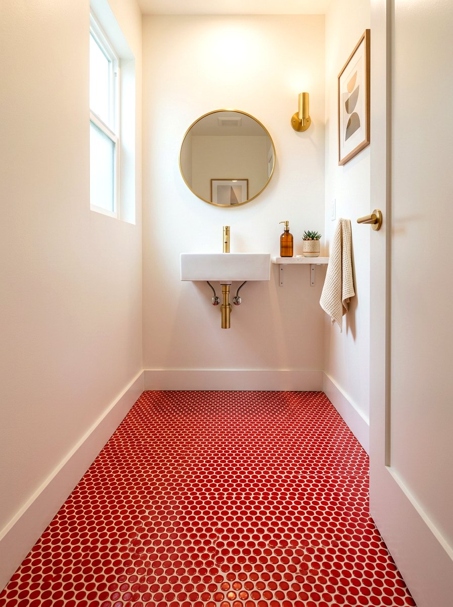 Red Penny Tile Powder Room Floor - 30 cherry red powder room ideas