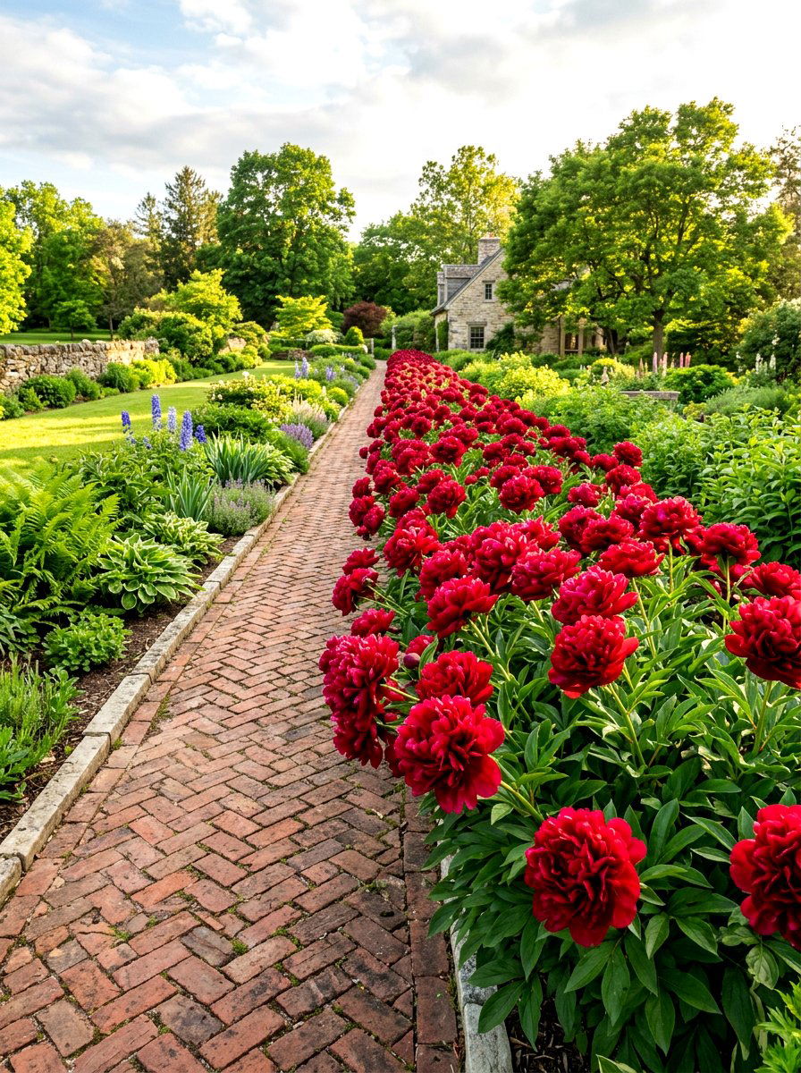 Red Peony Garden Row - 30 peony border ideas
