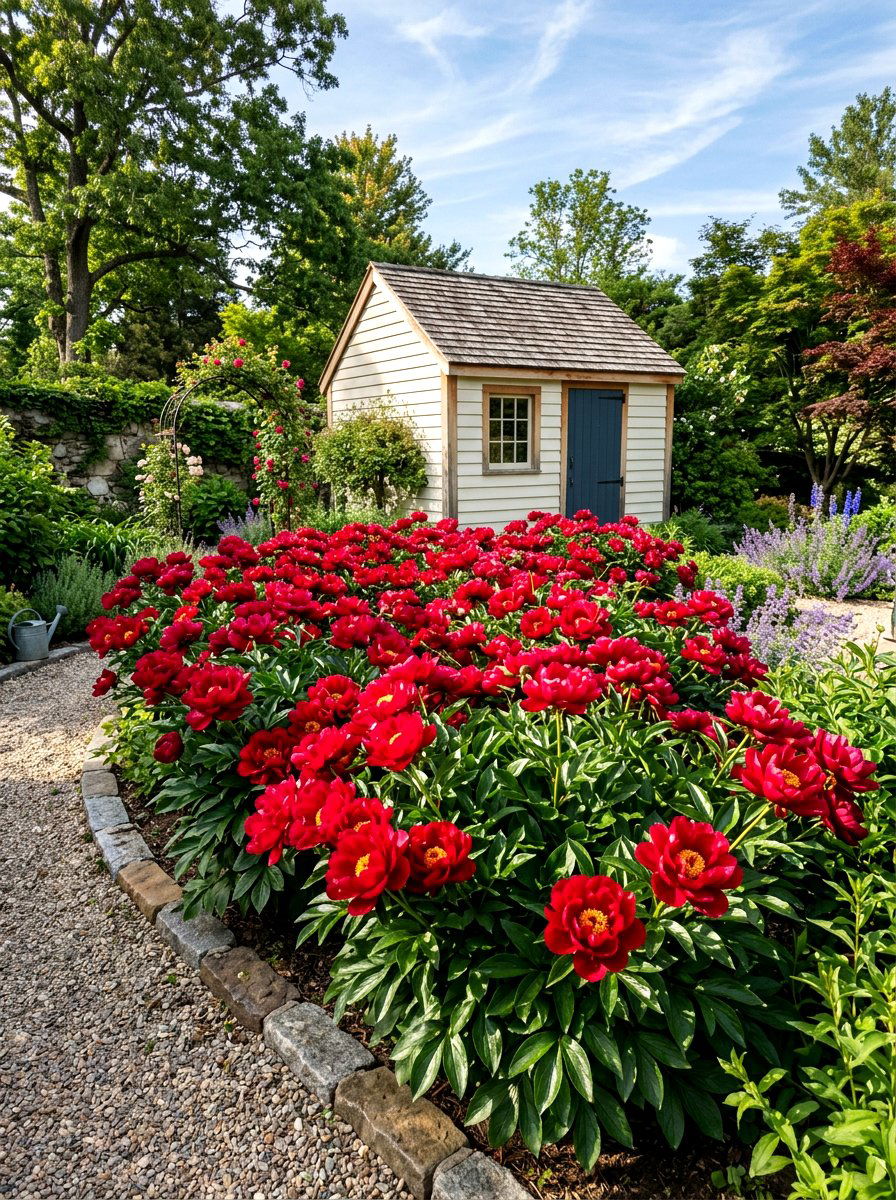 Red Peony Landscape - 30 peony garden bed ideas
