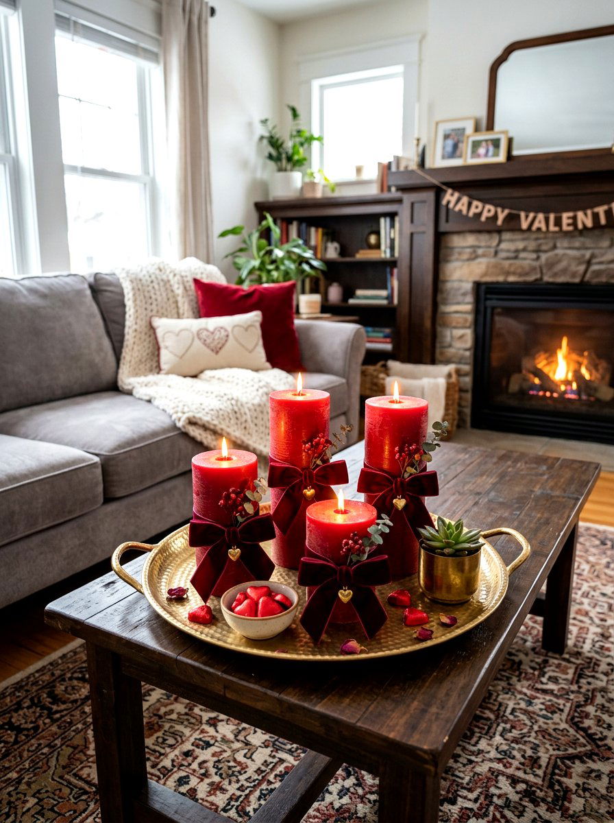 Red Pillar Valentine Candle With Velvet Bow - 30 bow and candle Valentine ideas