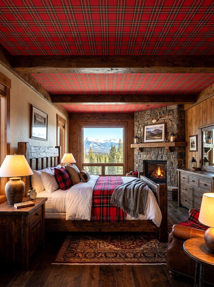 Red Plaid Pattern - 30 ceiling wallpaper bedroom ideas