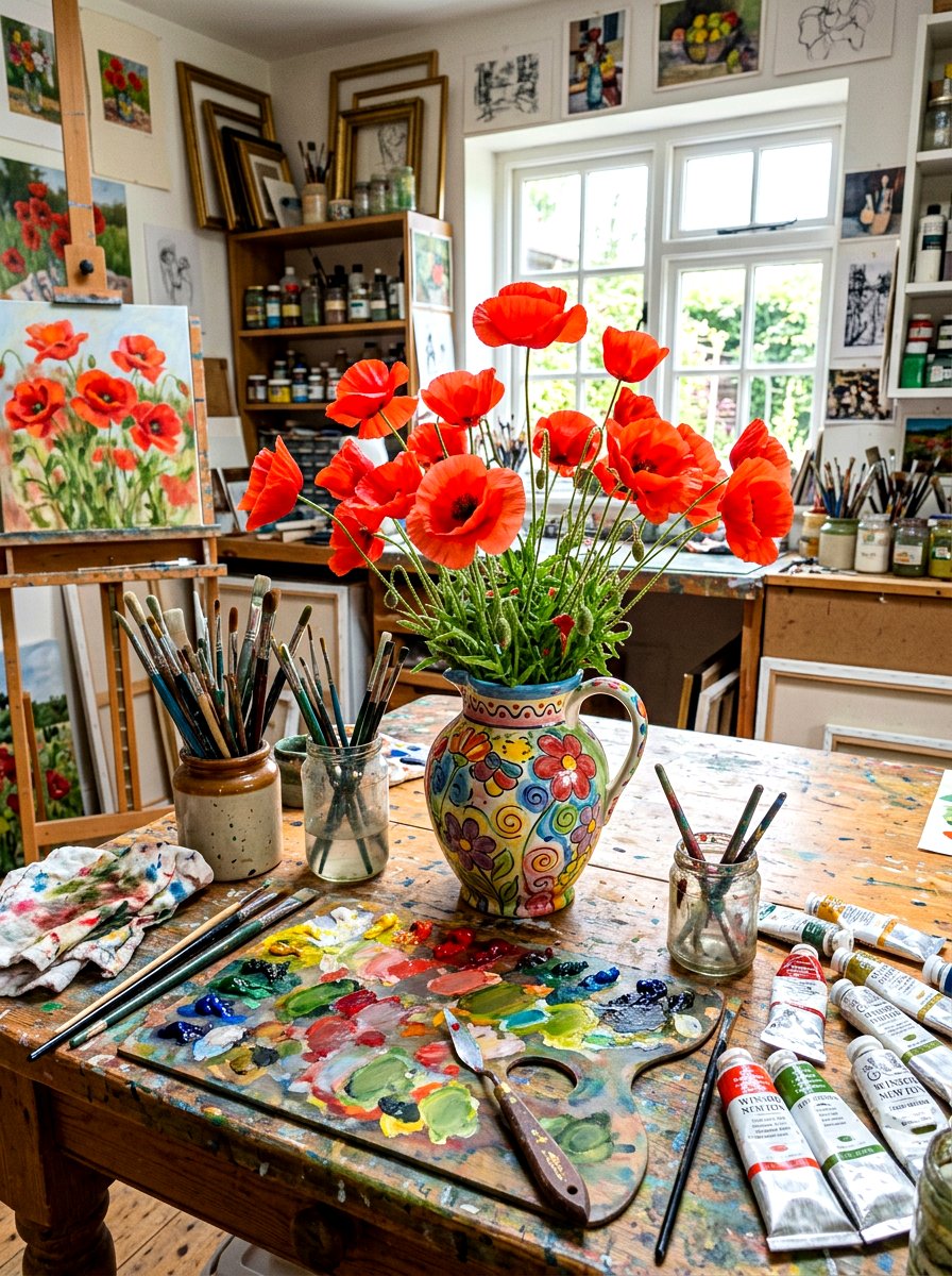 Red Poppies In Whimsical Colorful Vase - 30 spring flower arrangement ideas
