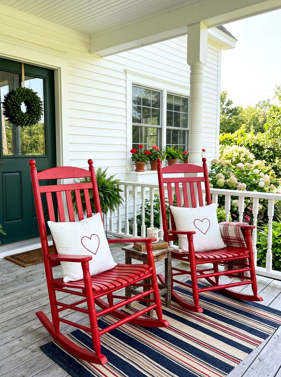 Red Rocking Chair - 30 front porch Valentine decor ideas