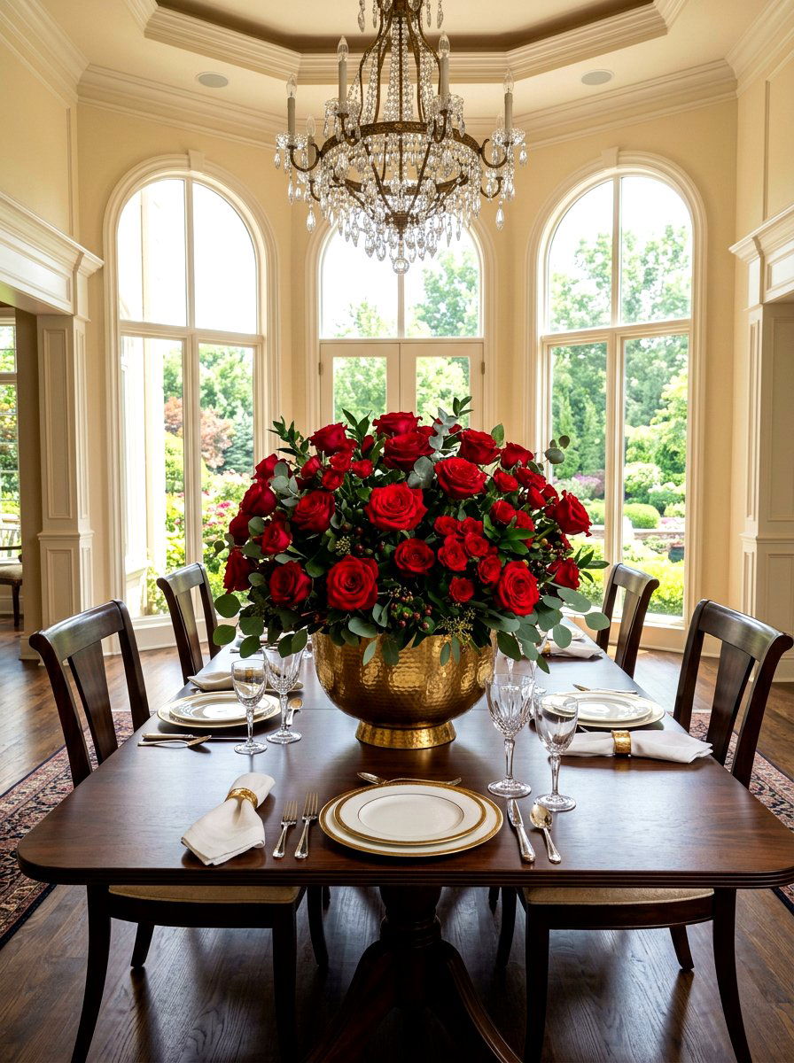 Red Rose Centerpiece For Dining RoomCenterpieces are the heart of a dining room and a classic red rose arrangement is timeless for Valentines Day You can create a dense low profile arrangement in - 30 Valentine home decor ideas