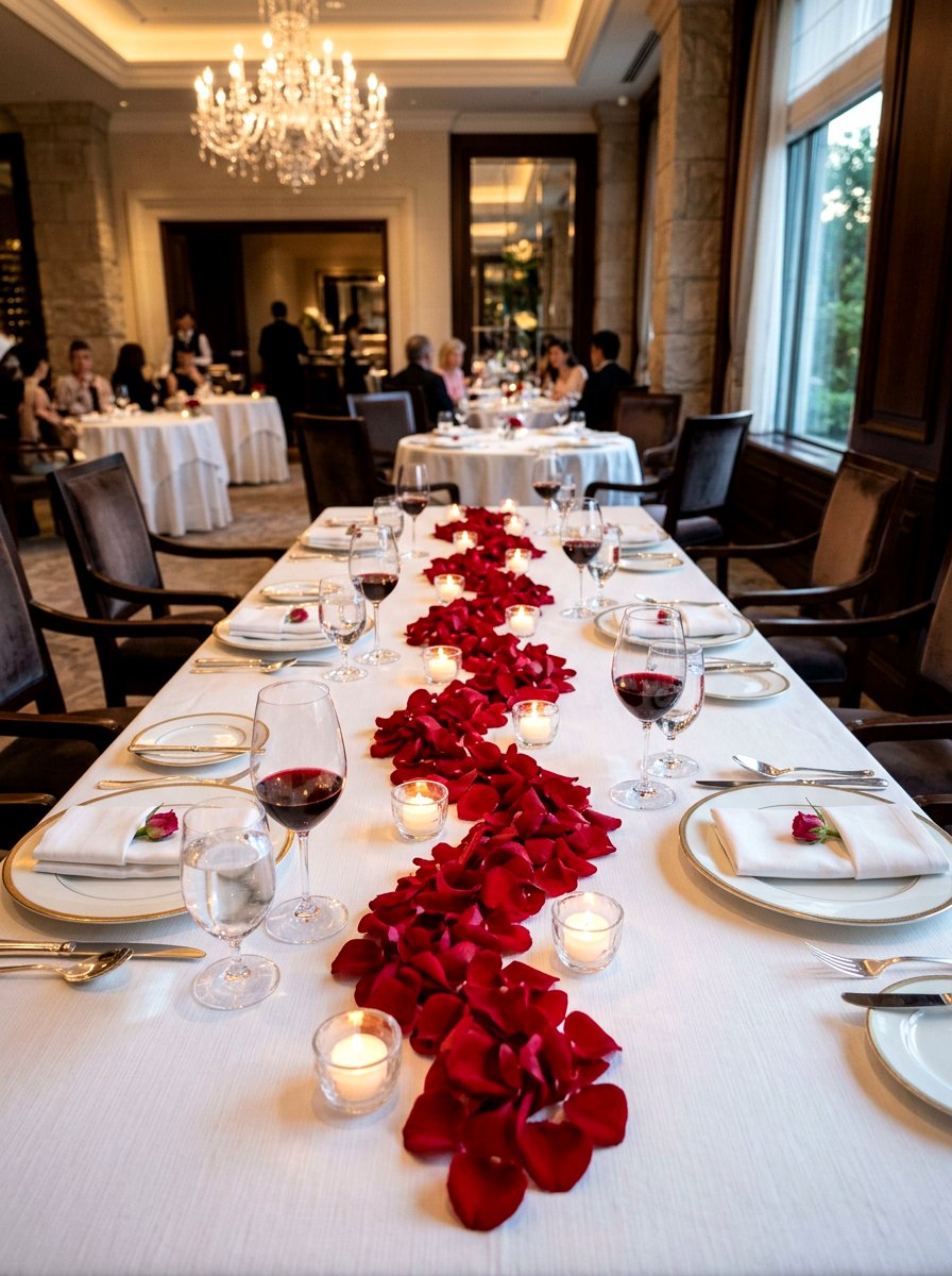 Red Rose Petal Table Decor - 30 Galentine table decor ideas