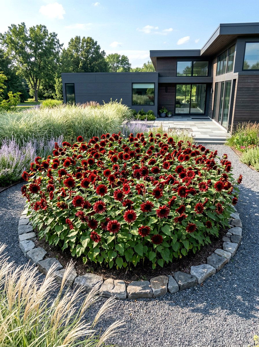 Red Sunflower Bed - 30 sunflower garden ideas