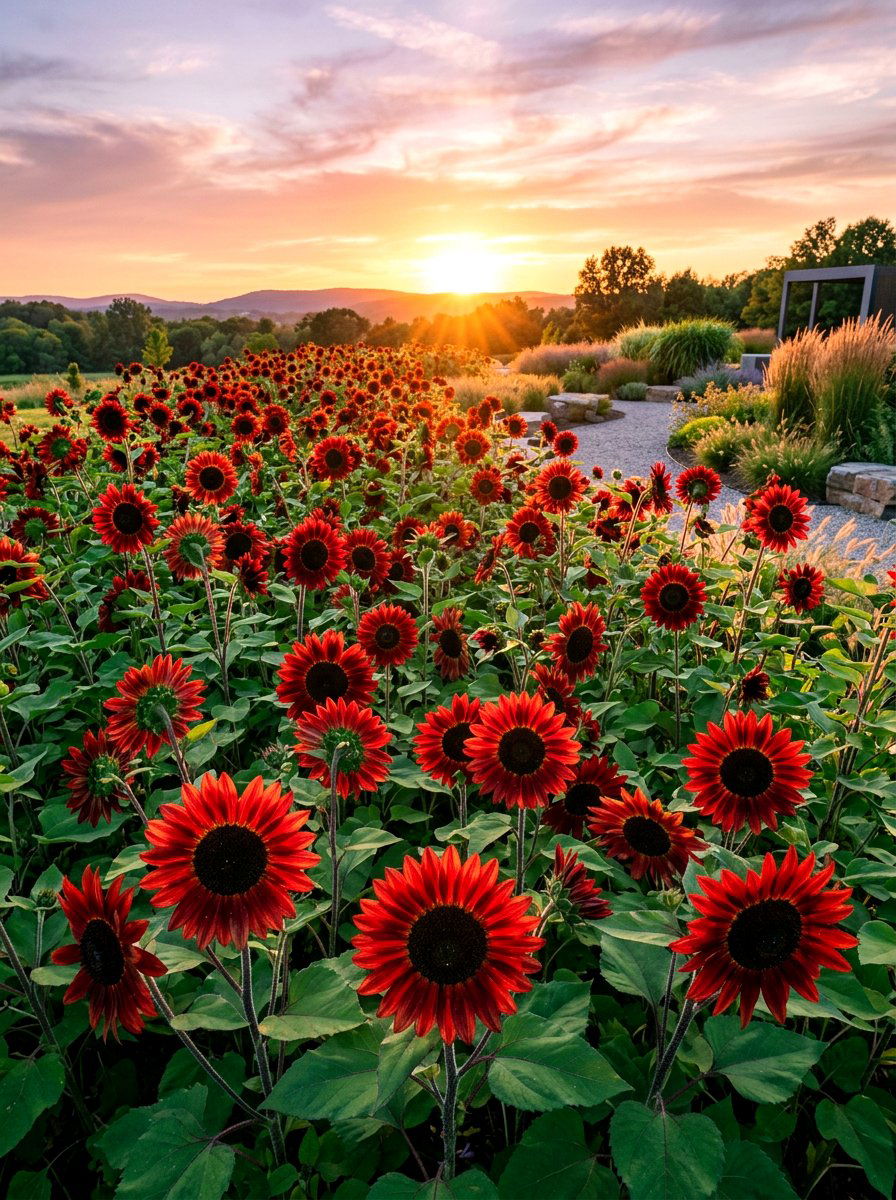 Red Sunflower Garden - 30 sunflower patch ideas