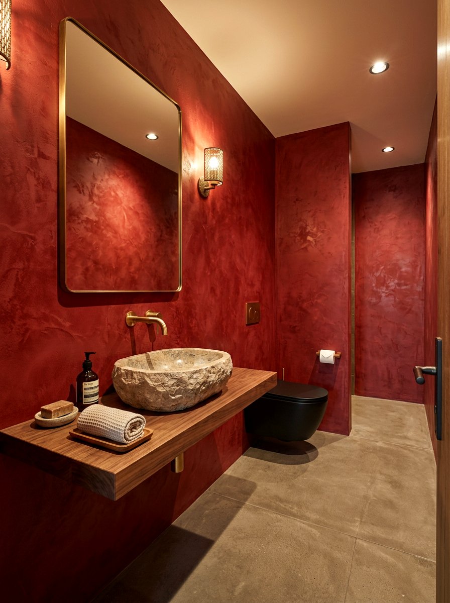 Red Textured Plaster Powder Room Walls - 30 cherry red powder room ideas