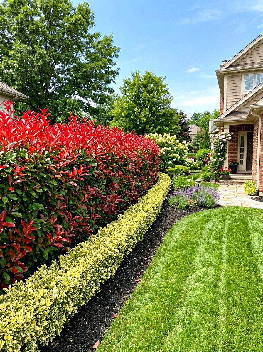 Red Tip Photinia Border - 30 layered hedge front yard ideas