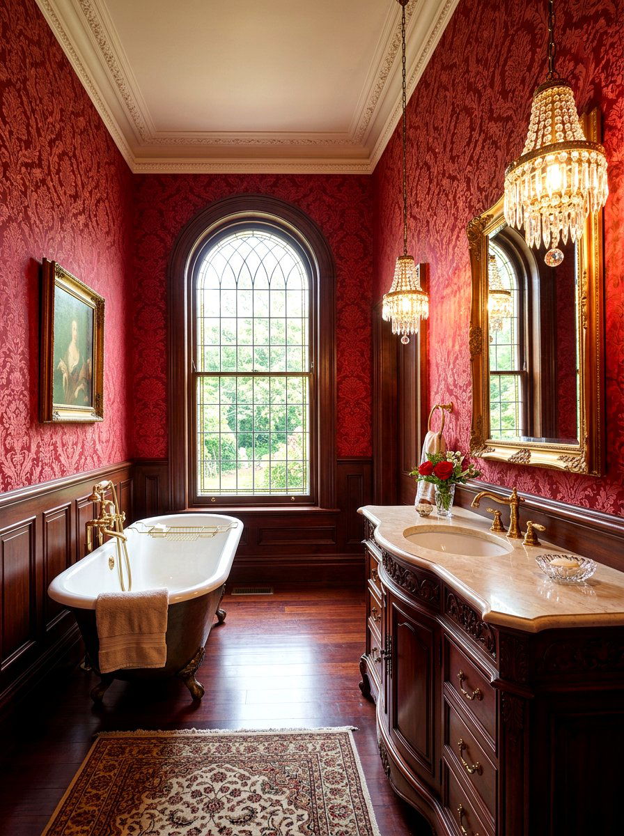 Red Traditional Damask Wallpaper Bathroom - 30 cherry red powder room ideas
