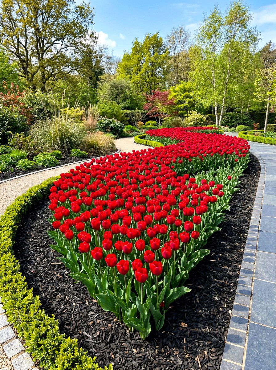 Red Tulip Bed - 30 tulip garden ideas