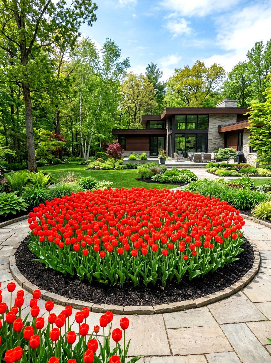 Red Tulip Display - 30 early spring flower bed ideas