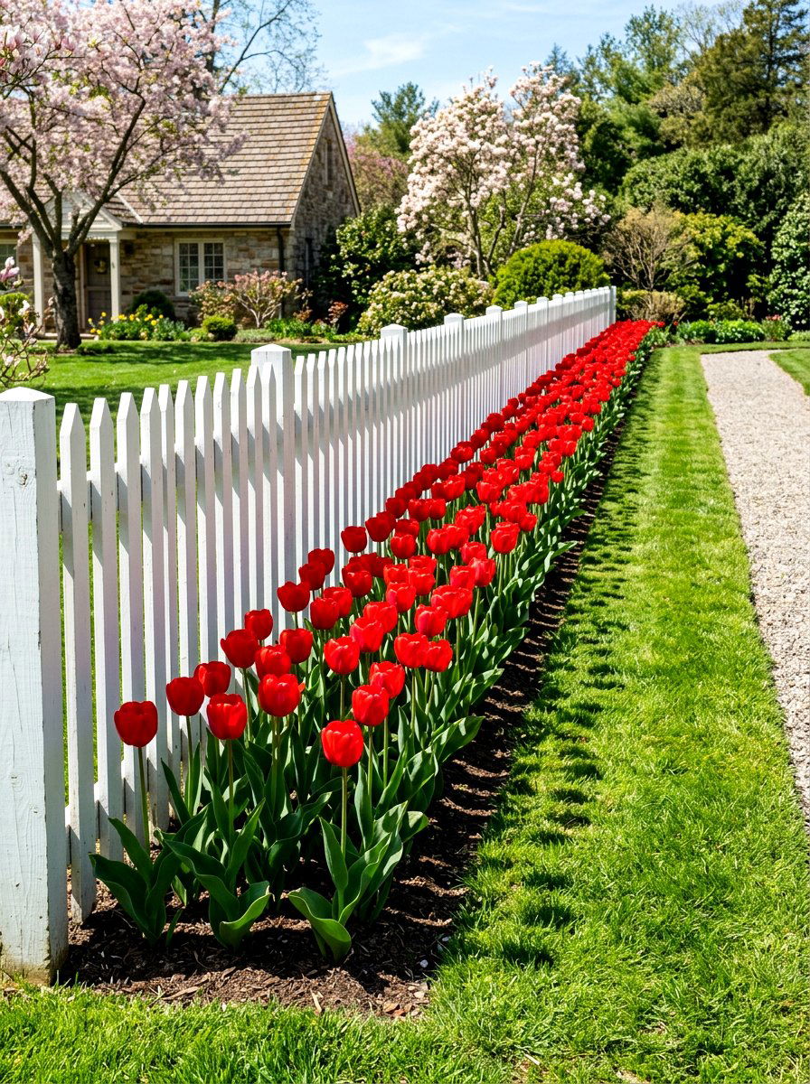 Red Tulip Garden Row - 30 spring bulb border ideas