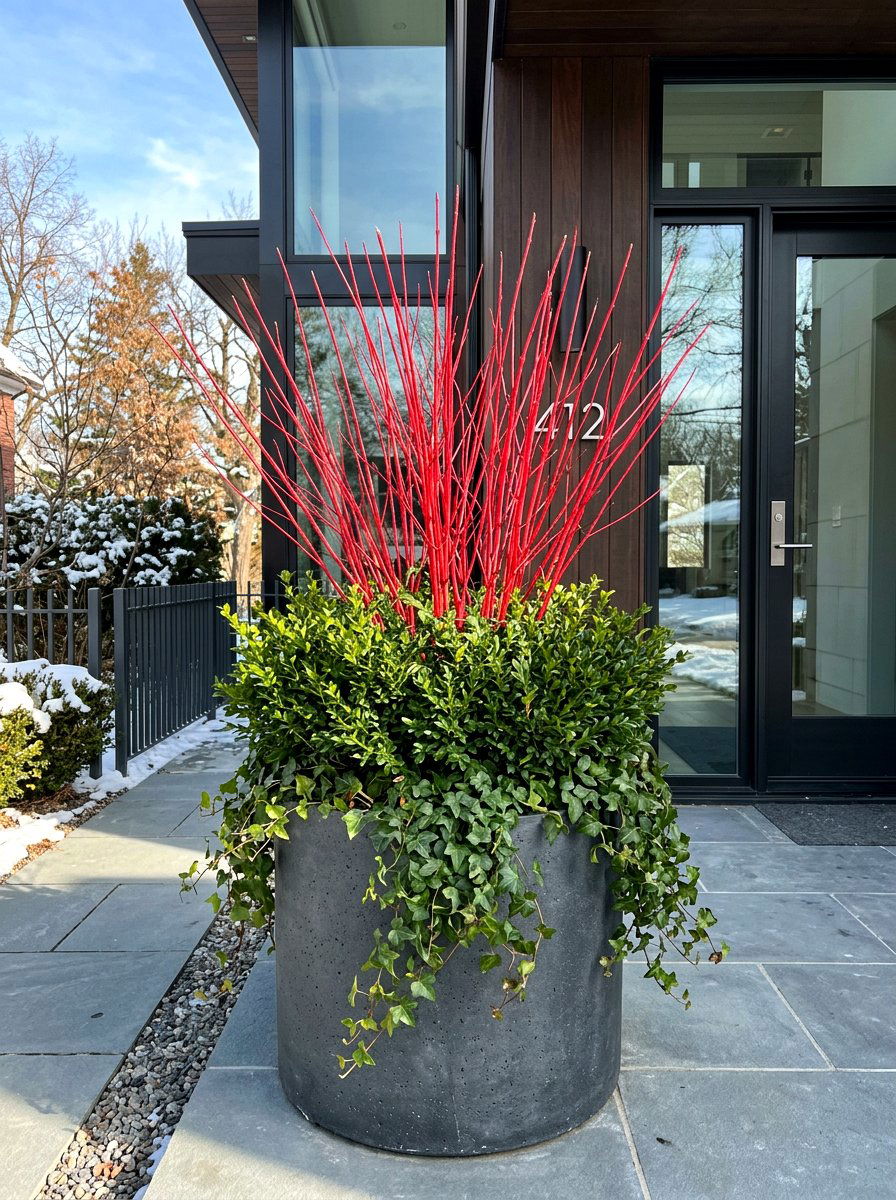 Red Twig Dogwood Planter - 30 winter porch planter ideas