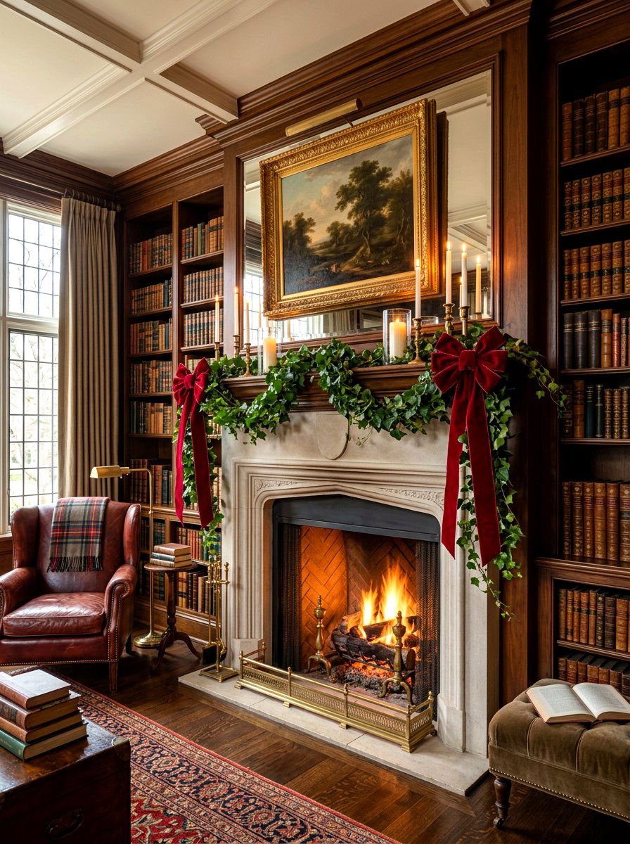 Red Velvet Ribbon Classic Mantel - 30 Valentine mantel ideas