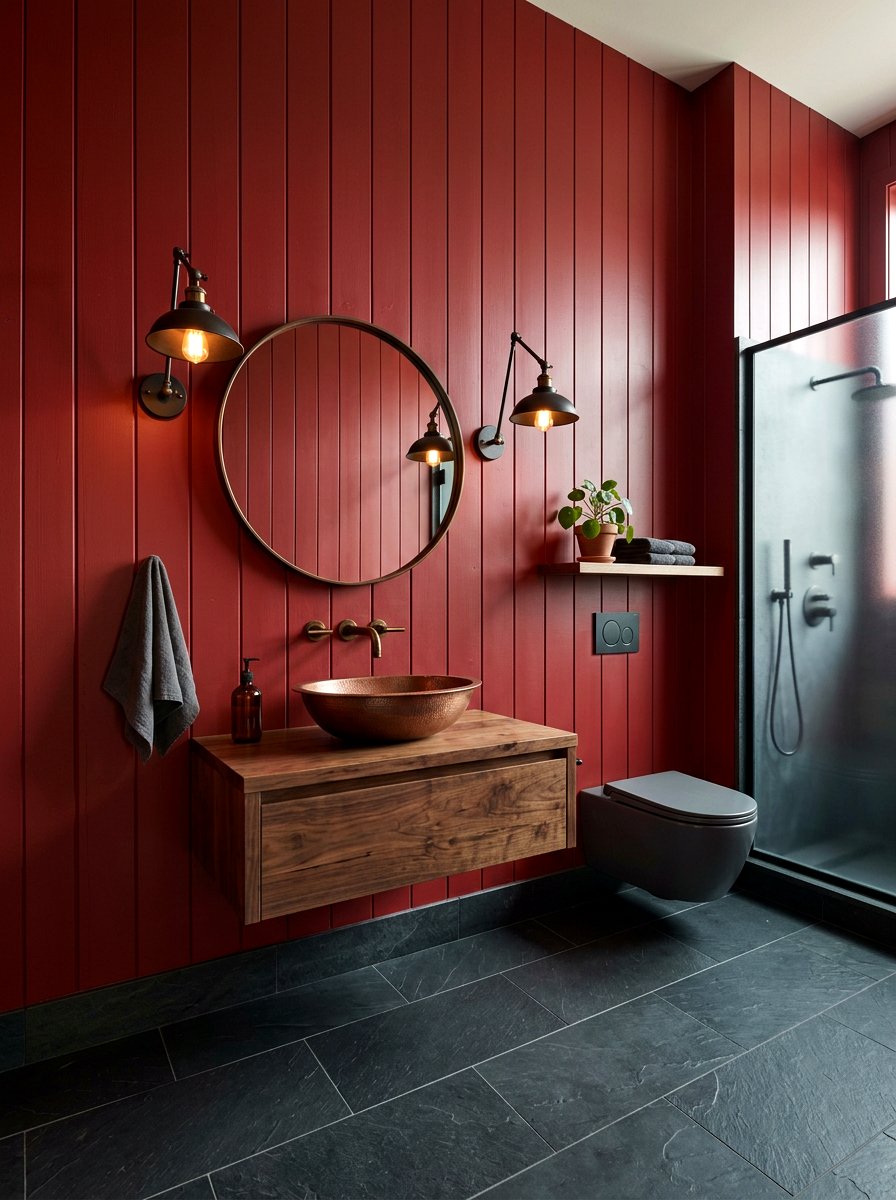 Red Vertical Shiplap Bathroom Walls - 30 cherry red powder room ideas