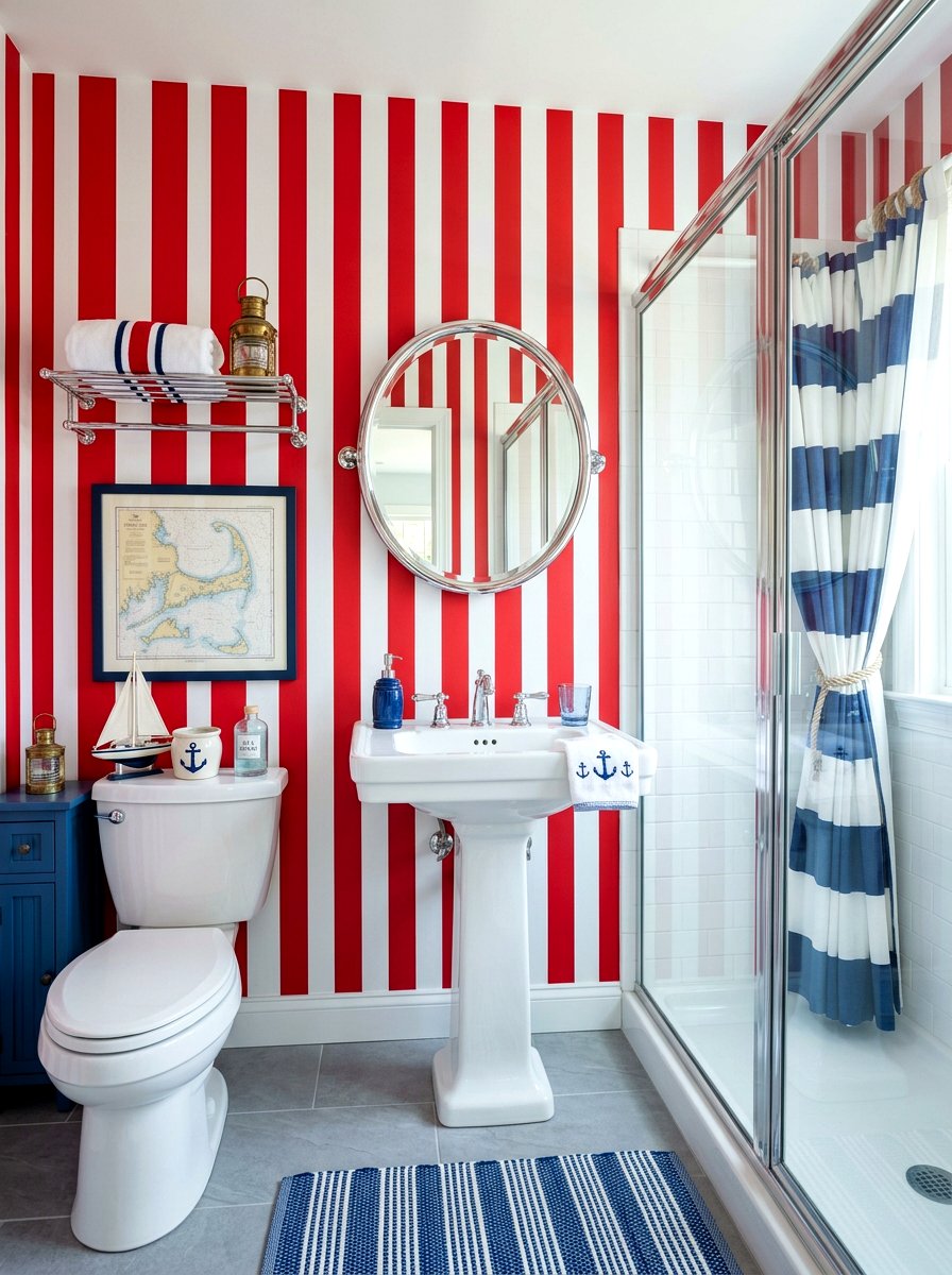 Red Vertical Striped Bathroom Wallpaper - 30 cherry red powder room ideas