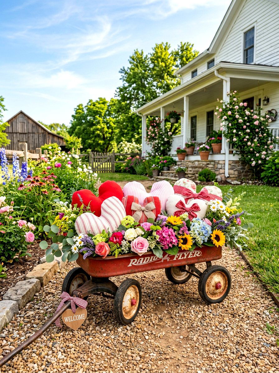Red Wagon Decor - 30 front porch Valentine decor ideas