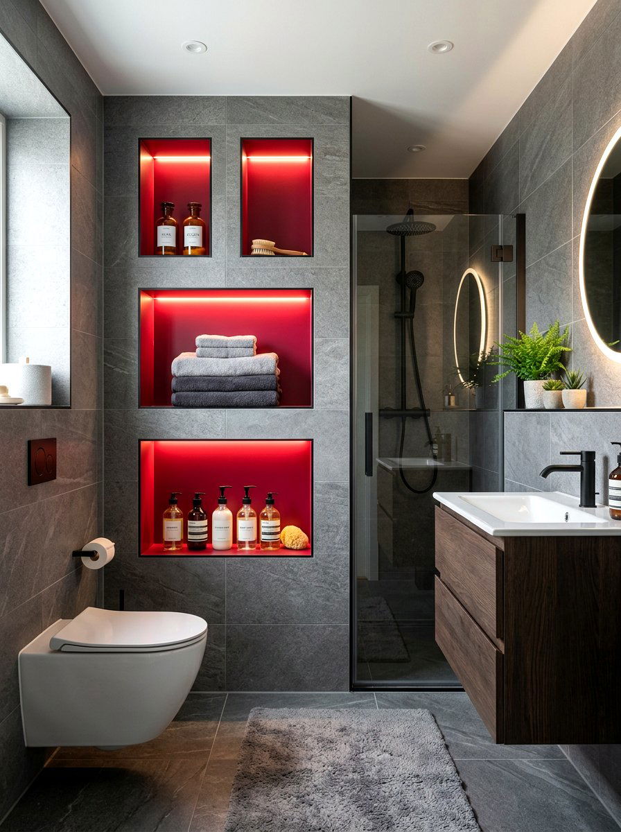 Red Wall Niche Lighting - 30 red light bathroom decor ideas