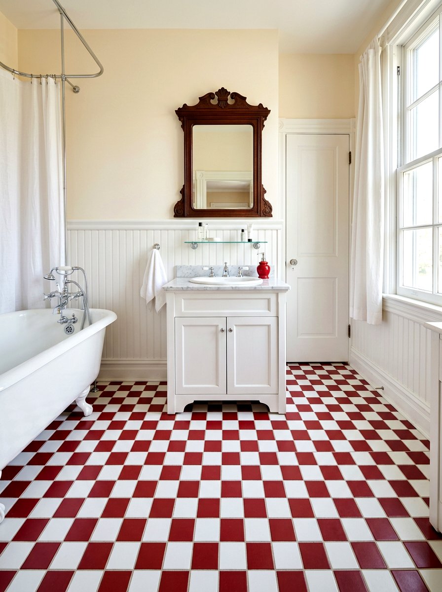 Red White Checkerboard Bathroom Floor - 30 cherry red powder room ideas