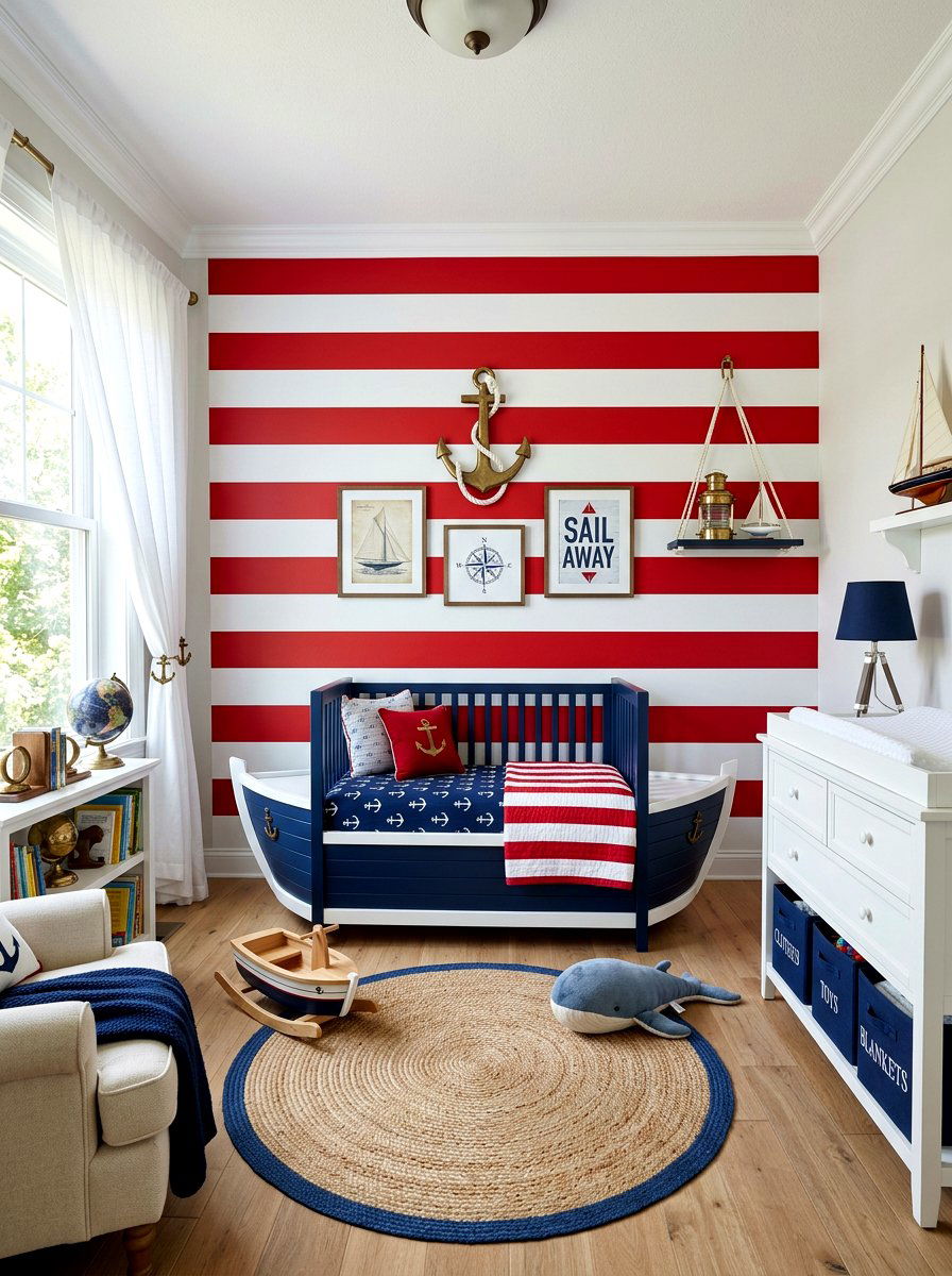 Red White Nautical Nursery Stripe - 30 stripe nursery wallpaper ideas