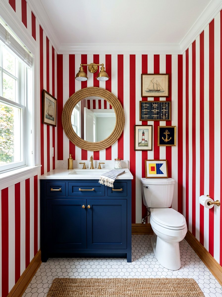 Red White Nautical Stripe Powder Room - 30 stripe powder bath ideas