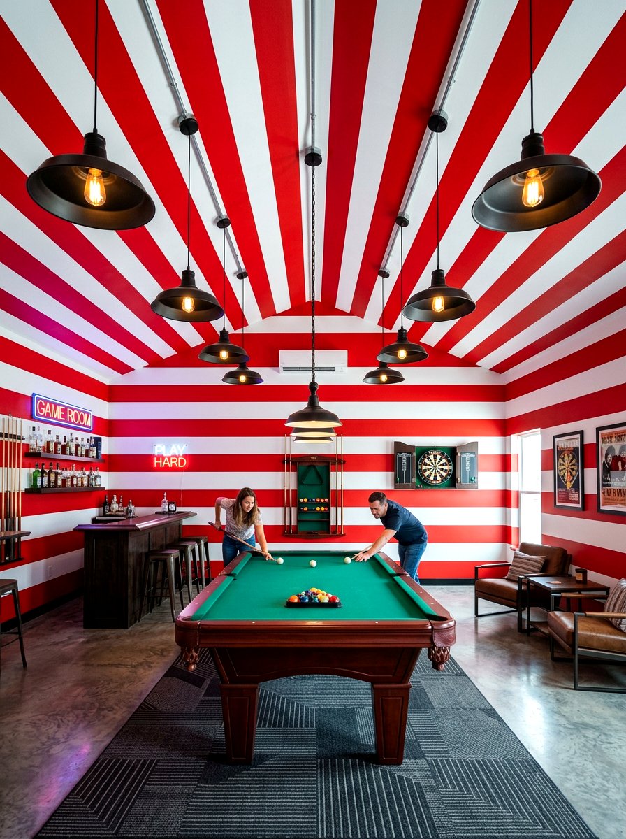 Red Wide Stripe Game Room - 30 stripe drench room ideas