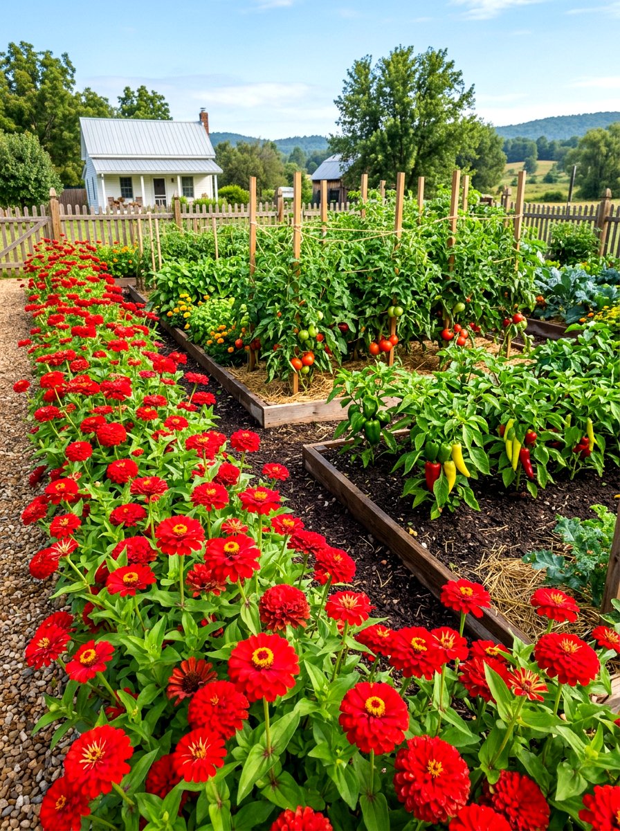 Red Zinnia Vegetable Garden Border - 30 zinnia border ideas