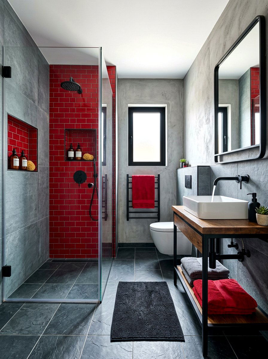Red and grey bathroom - 30 color blocked bathroom ideas