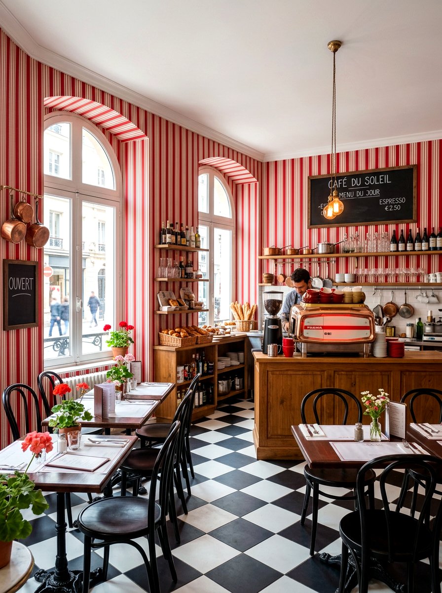 Red and white cafe style striped kitchen - 30 striped kitchen wallpaper ideas