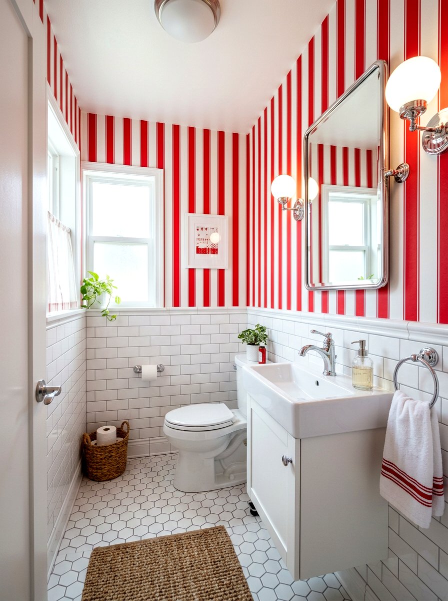 Red and white candy stripe bathroom - 30 striped powder room ideas