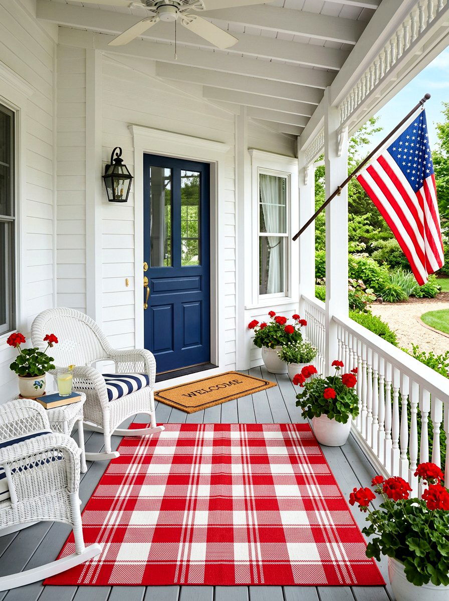 Red and white checkered rug - 30 porch doormat layering ideas