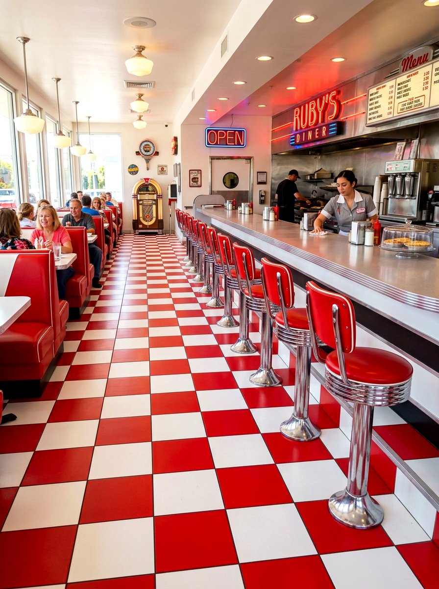 Red and white retro checkerboard - 30 checkerboard kitchen tile ideas