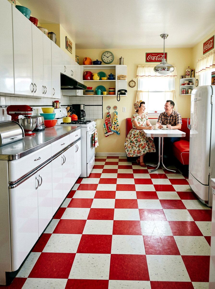Red and white retro vinyl - 30 peel and stick checkerboard floor ideas