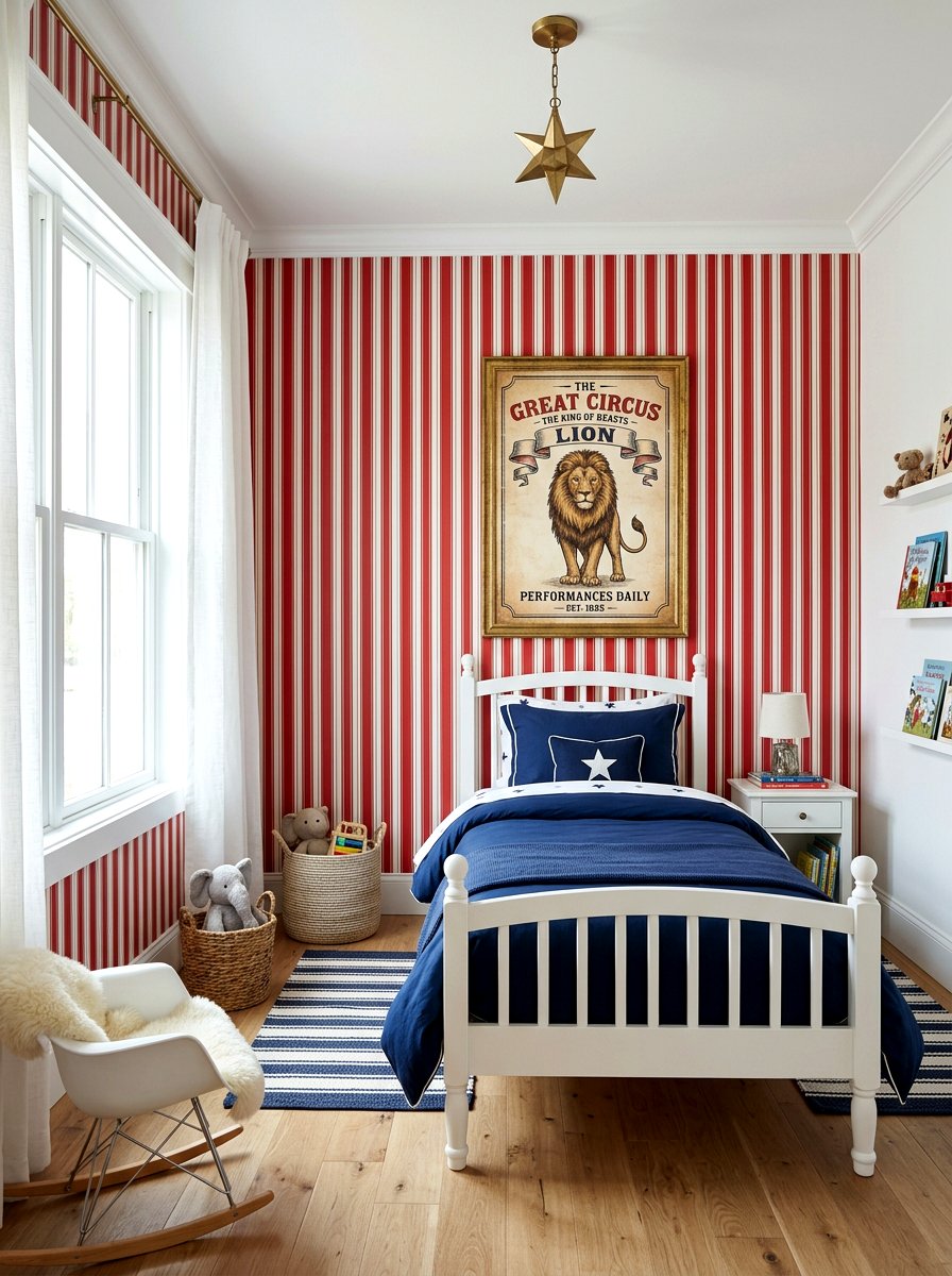 Red and white stripe circus wallpaper - 30 circus stripe kids room ideas