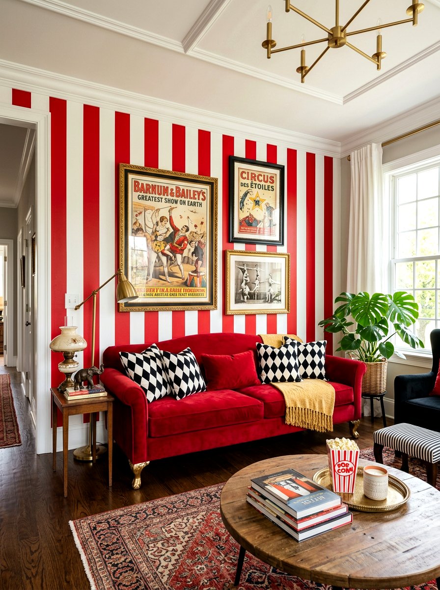 Red and white striped living room - 30 circuscore home decor ideas