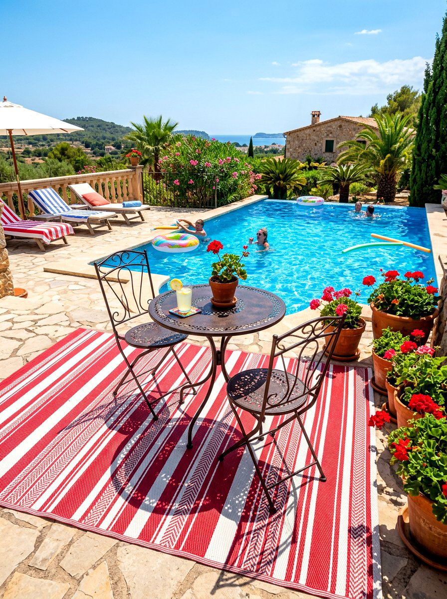 Red and white striped terrace rug - 30 striped outdoor rug ideas