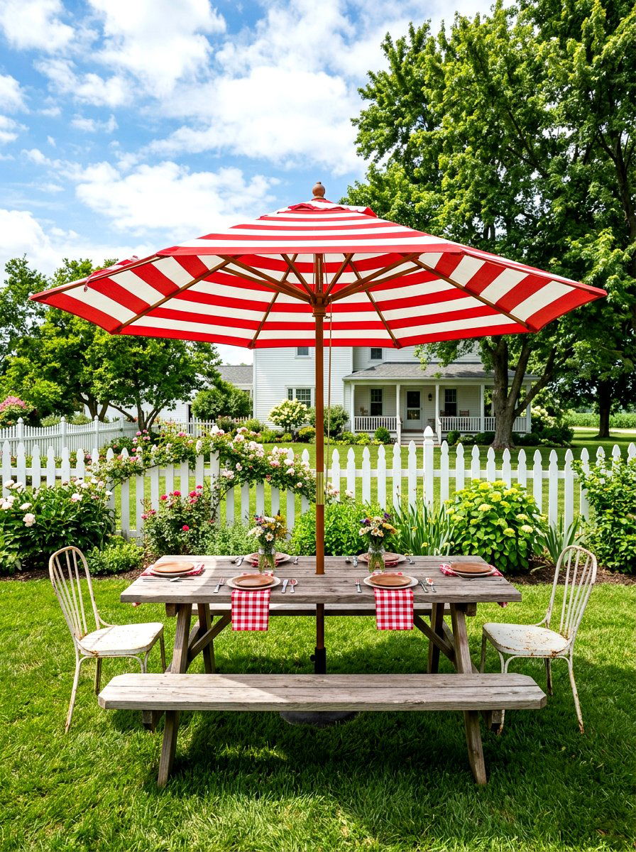 Red and white striped umbrella - 30 striped umbrella patio decor ideas