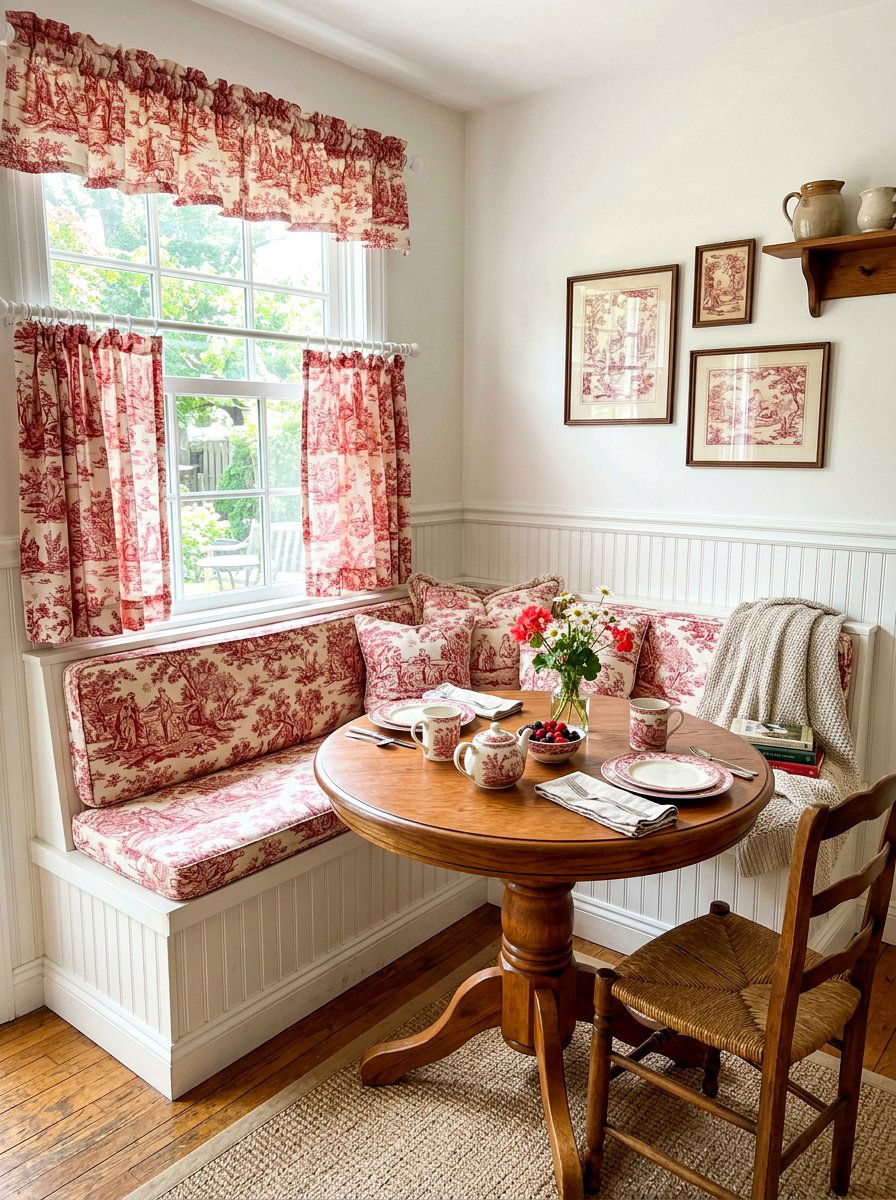 Red and white toile breakfast nook - 30 toile decor ideas