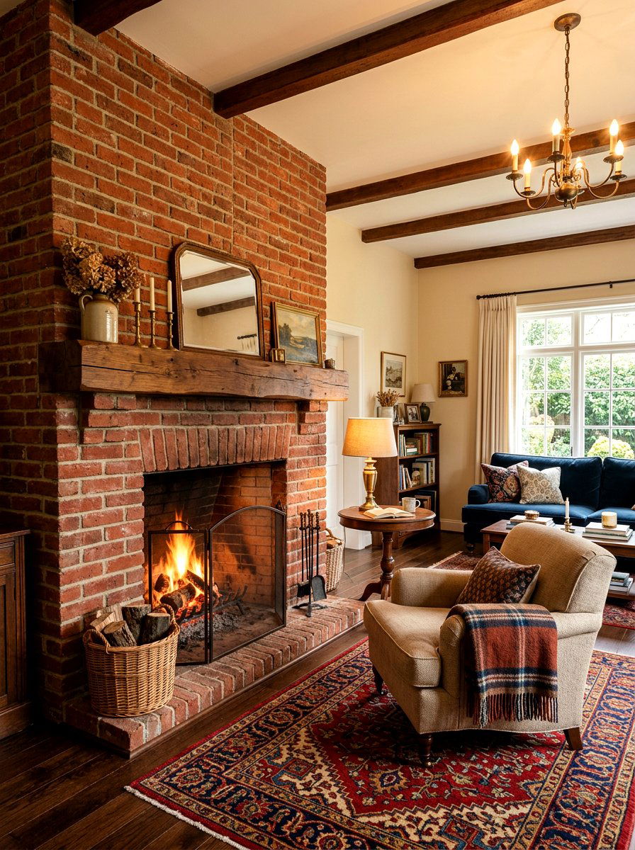 Red brick fireplace wall - 30 exposed brick living room ideas
