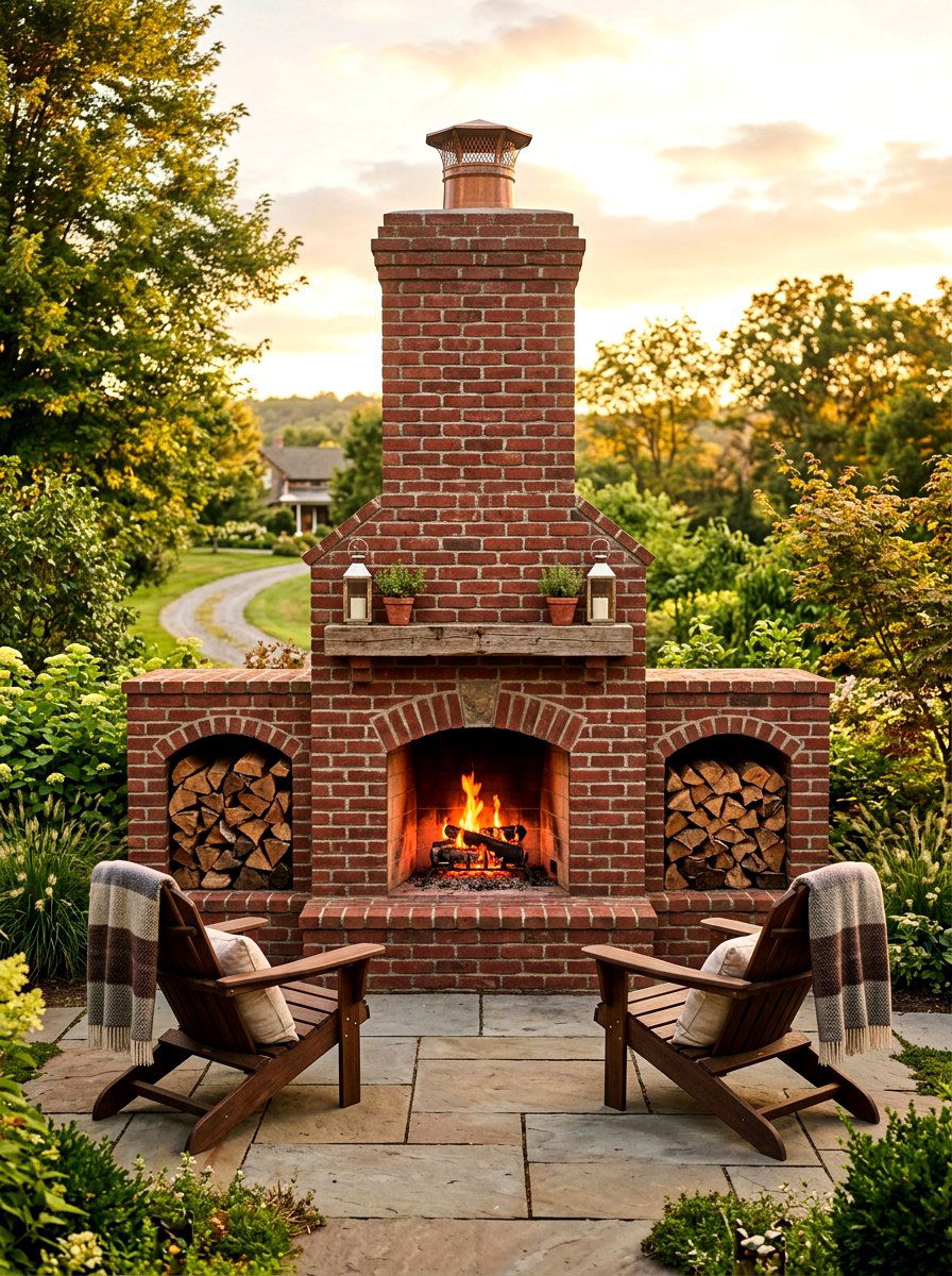 Red brick outdoor fireplace wood storage - 30 brick outdoor fireplace ideas