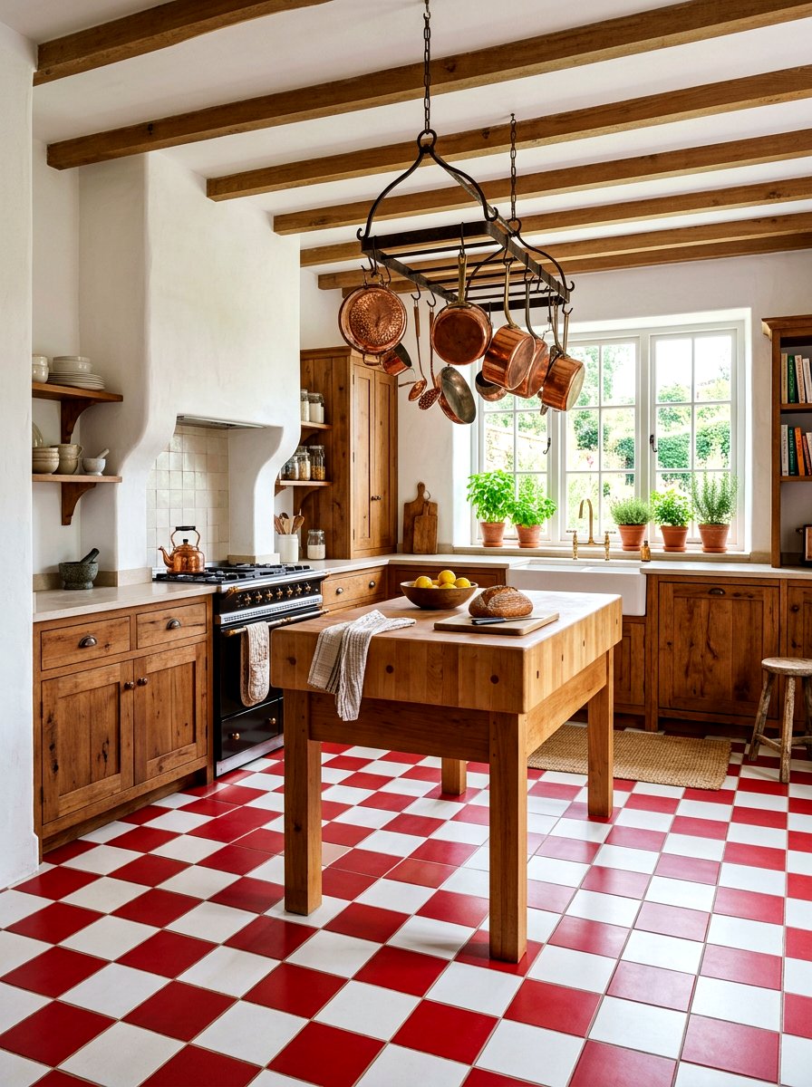 Red checkered tile floor - 30 tomato girl kitchen ideas