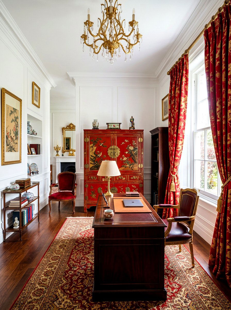 Red chinoiserie office decor - 30 chinoiserie office ideas