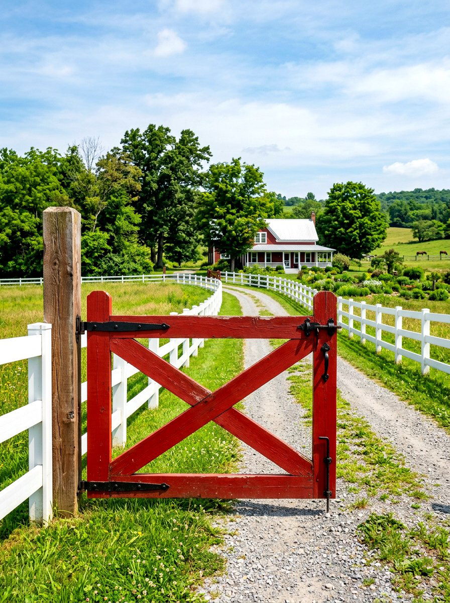 Red farmhouse wood gate - 30 cottage gate curb appeal ideas