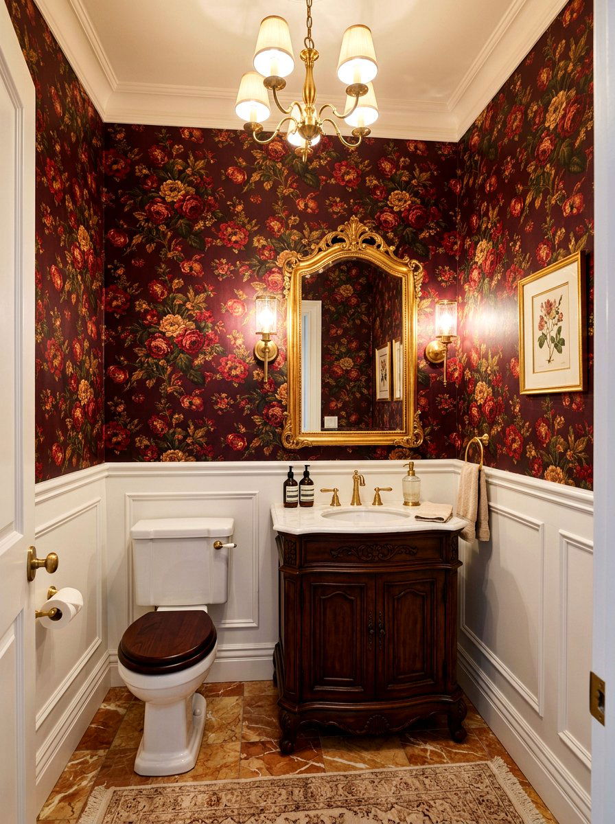 Red floral wallpaper - 30 floral wallpaper powder room ideas