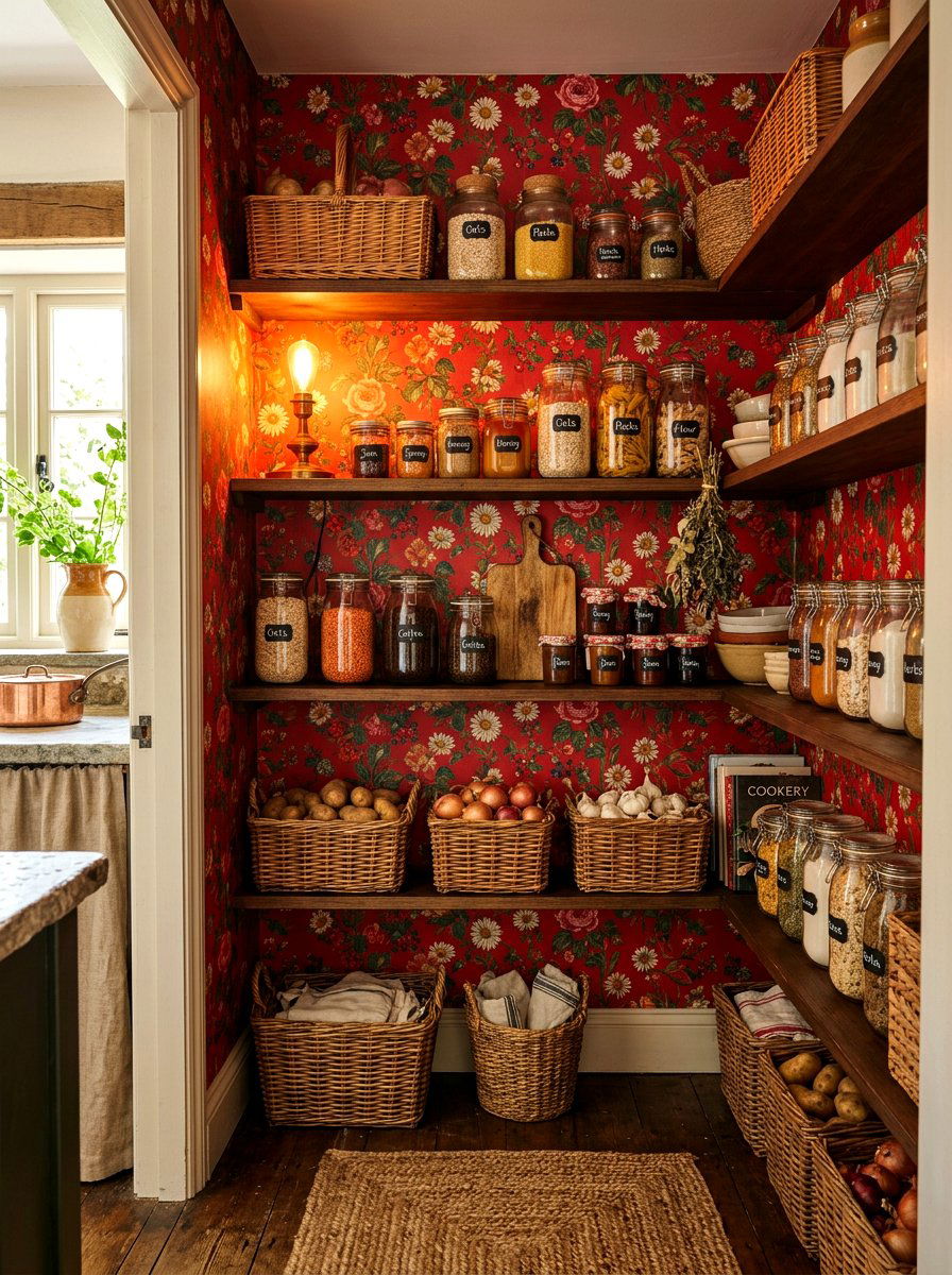 Red floral wallpaper - 30 tomato girl kitchen ideas